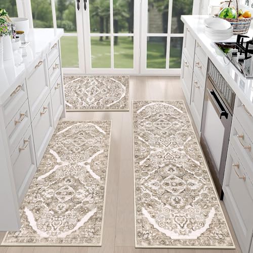 HEBE Farmhouse Kitchen Rugs Sets of 3 Non Slip Washable Boho Kitchen Rugs and Mats for Floor Kitchen Runner Rug Floor Carpet for Kitchen, Laundry, Hallways