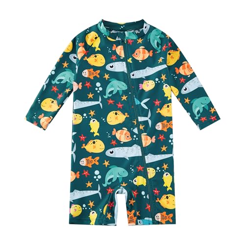 upandfast Bañador para Niño con Peces Oceánicos Anticloro - Traje de Baño UV Manga Larga, Protección UPF 50+ y Cremallera Fácil 12-18M