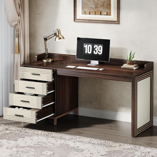 Image of Tribesigns 61-Inch Computer Desk with 4 Drawers, Mid-Century Modern Office Desk with Storage, Wood Study Writing Table for Home Office, Study Room, Bedroom, Brown & Beige
