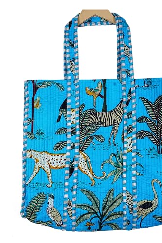 Image of Quilted Cotton Hand printed Reversible Large multicolor cotton Tote Bag,Indian Handmade Block Printed Tote Bag Women Handbag