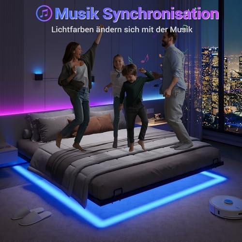 DICTAC Bett 160x200 mit LED Beleuchtung Bettgestell 160x200 mit Lattenrost aus Metall Metallbett Floating Bed Frame Gästebett Jugendbett mit Licht-Robust und Stabil, Leichte Montage,Schwarzer