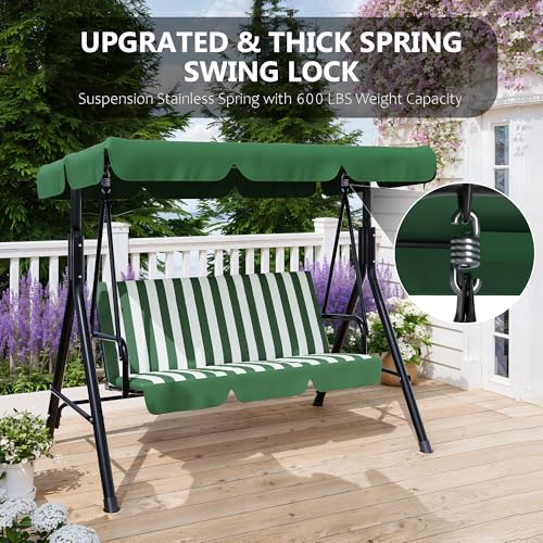 Image of Garvee Outdoor Porch Swing with Adjustable Canopy, 3-Seat Patio Swing Chair with Stand, Heavy Duty Outdoor Swing for Adults, Metal Frame Patio Swing for Garden, Backyard & Poolside,Striped Green