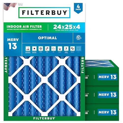Image of Filterbuy 24x25x4 Air Filter MERV 13 Smoke & Allergy Defense (4-Pack) | Electrostatic Pleated HVAC AC Furnace Filters Replacement, Made in USA (Actual Size: 23.75 x 24.75 x 3.63)