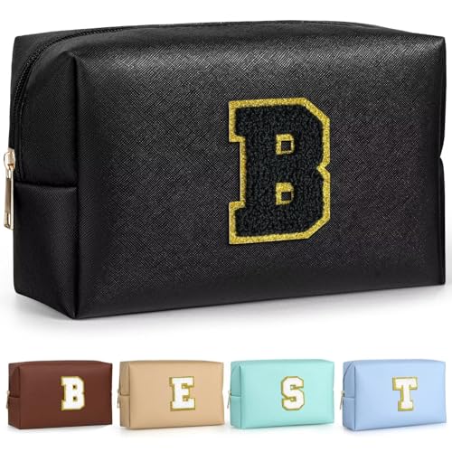 TOPEAST Preppy Patch Makeup Bag, Chenille Letter Pouch Cosmetic Bag, PU Leather Waterproof Toiletry Bag, Personalized Birthday Gift for Women Girl, Cute Stuff for Girls (Black B)