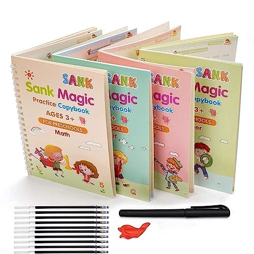 SHNMN (4冊 + 詰め替え5冊) Sank Magic 練習用コピーブック ペン付き数字トレーシングブック マジックカリグラフィー コピーブックセット 実用的 再利用可能 筆記用具 シンプルなハンドレタリング