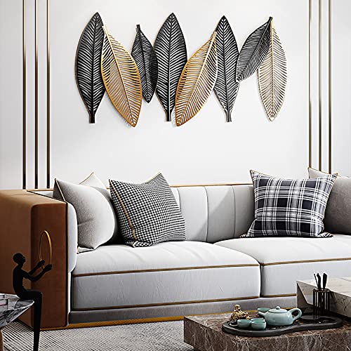 Iron Leaf Wall Decoration Pendant, 8Pcs Leaf Combination Metal Wall Decoration Painting, Black + Gold Plant Sofa Background Wall Art,47X24In #TOP2