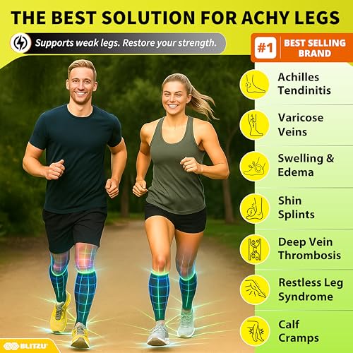 BLITZU Calf Compression Sleeve for Women and Men, Shin Splint Sleeves for Varicose Veins, Nursing, Pregnancy, Running, Footless Compression Socks Support for Calf Muscle Pain Relief Blue L-XL