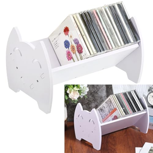 CD Holder Desk Video Game Storage Organizer, PVC DVD Storage Rack with Cute Smile Face, Game Box Display Stand for DVDs PS4 PS5 Video Cases Books, Holds 30 CD Case, Easy Assembly, White