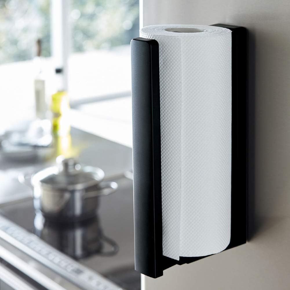 Yamazaki 3399 Magnetic Kitchen Paper Holder with Stopper, Black, Approx. W 2.0 x D 4.0-6.9 x H 9.6 inches (5 x 10.2-17.5 x 24.5 cm), Tower - Can be Cut with one Hand