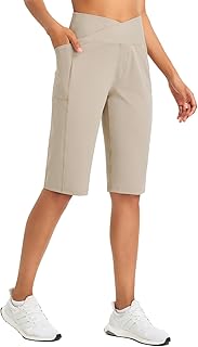 Womens Bermuda Long Shorts 14" Knee Length Capris High Waisted Athletic Shorts with Pockets Summer Stretch Loose
