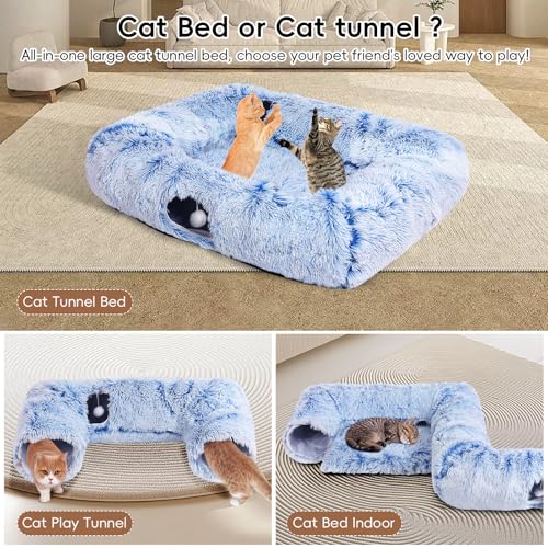 Extra Large Cat Tunnel Bed, 4 Ways Tunnels for Indoor Cats, Multi-cat Family Pet Bed & Cave, Plush Cat Donut with Washable Middle Mat, Exit Balls, Pet Play Toy for Kitten Puppy Rabbit, Blue — view 4