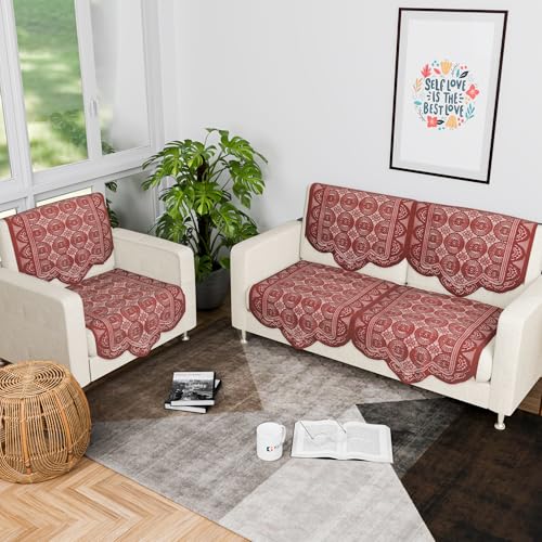 Image of Kuber Industries (Set of 6) Stylish & Durable Cotton Sofa Covers 2+1 Seater | Washable Sofa Protector /Mat & Slipcover for Living Room & Office | Plain Circle - Maroon