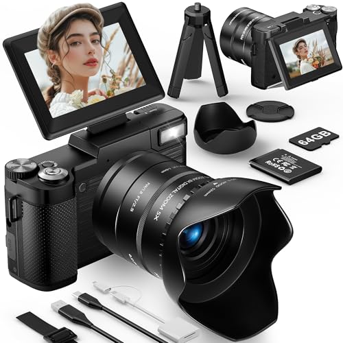 LONGYI 6K 75MP Appareil Photo Numérique Zoom Optique 8X & Trépied, Carte 64GB, Camera Vlog Écran Rabattable 180° Selfie, Lecteur de Carte, Appareil Photo Compact...