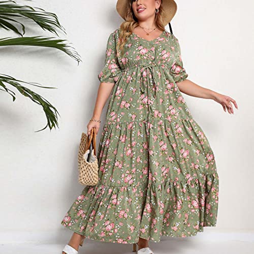 Dresses For Women 2023, Plus Size Fitness Wide Sleeve Sundress Womans Elegant Summer Chiffon Super Soft Sundress Slim Floral Boat Neck Pocket Cocktail Women Army Green #TOP4