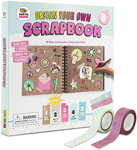 DOODLE HOG Design Your Own Pink Scrapbook, Kids Scrapbook Kit, Gifts for 10 Year Old Girl, Personalize & Decorate Your DIY Scrapbook with Washi Tape, Sticker Sheets, 40-Page Thick Paper, Hardcover