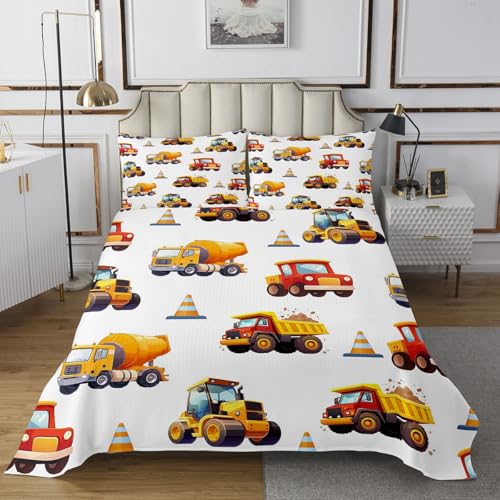 Manfei Construction Vehicles Kids Bedspread Queen Size,Excavator Tractor Equipment Trucks Coverlet Set,Boys Girls Room Decor,Cartoon Cars Quilted Coverlet,Yellow White Bedding Quilt,2 Pillowcases