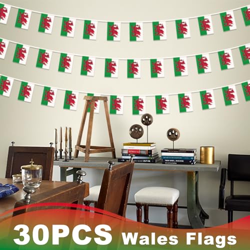 Image of Wales String Flag Pennant Banner, Small Mini Welsh Flags Bunting Banner, National Country Decoration for School, Party, Sports Events, Patriotic Festival, 33 Feet 30 Flags
