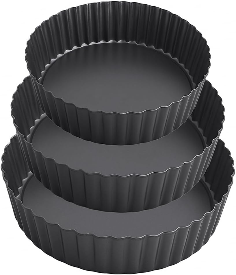 Set of 3 Deep Dish Pie Pan with Removable Bottom - Fluted Carbon Steel Tart Pan for Quiche Lorraine & Pies - Crispy Crust Baking Dish for Home Bakers - 7.87, 9.44 and 11 inches