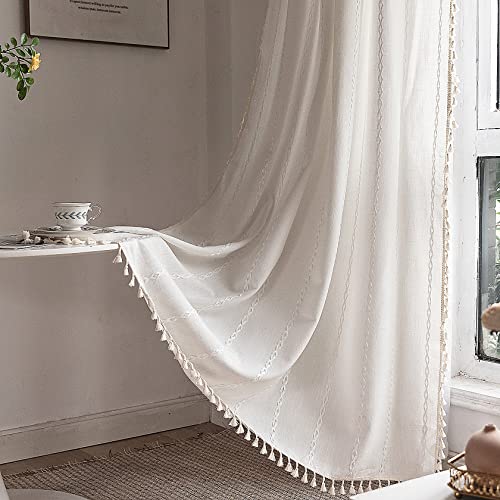 Deeprove White Boho Curtains 84 Inches Long For Bedroom, Cream Cotton Linen Geometric Embroidered Semi Blackout Bohemian Farmhouse Window Treatment Drape Handmade Tassels, 1 Panel W52 X L84 #TOP1