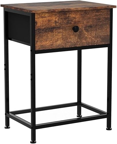 Miniatura 4 de AMHANCIBLE Juego de 2 mesitas de noche con cajón de tela, mesas auxiliares industriales para sala de estar con estante de almacenamiento, mesita de