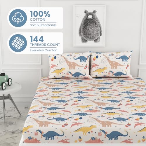 Image of LORETO - A QUALITY LINEN BRAND 144 TC 100% Pure Cotton King Size Fitted Bedsheet with 2 Pillow Covers for 72 x 72 Inch Mattress, All-Around Elastic, 8 Inch Deep Pocket, Coral Blue Dino Party