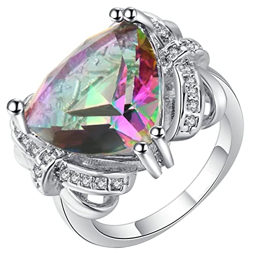 Rings Silver Women, Cubic Zirconia Ring Unique with Triangle Multicolor Cz Trillion Shape Silver Plated Proposal Jewelry for Her