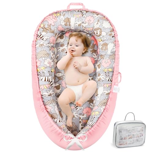 Image of TADAKAZU Baby Lounger - Infant Lounger for Newborn 0-24 Months, Pure Cotton Breathable Baby Nest Cover, Newborn Essentials for Baby Boys&Girls, Portable Baby Bed for Home and Travel(Zoo)