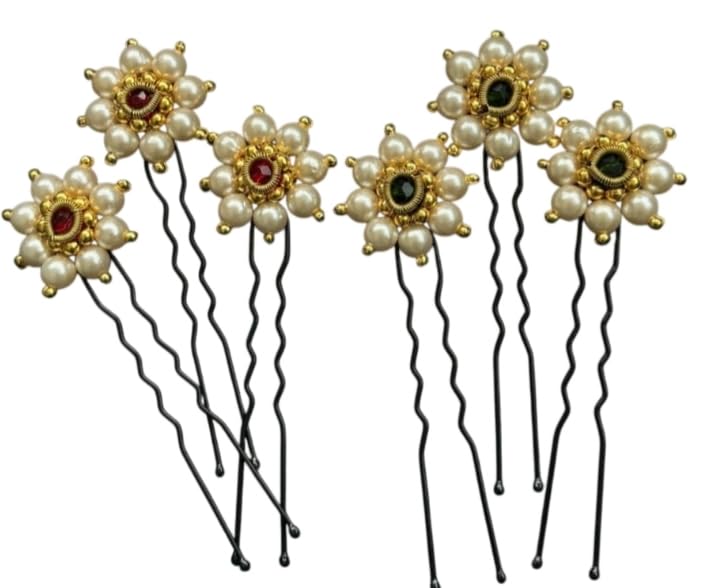 Hair Bun Pin Fancy Juda Pins With Crystal Rhinestone For Women And Girls 1 Box Set Of 6 Pin,Multi