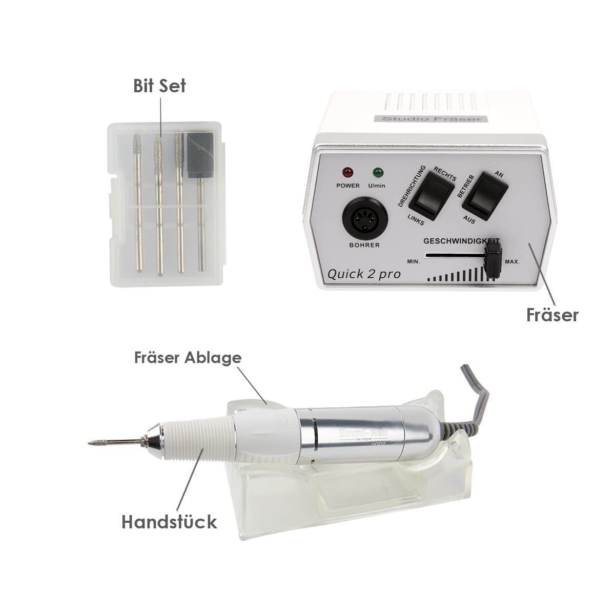 Emmi Nail Fräser Quick 2 Pro – Elektrischer Nagelfräser für Gelnägel & Lack – Nagelfeile mit 4 Bits, 20.000 U/Min, Vor-/Rücklauf, Schnellspannsystem, leise & vibrationsarm für Maniküre & Pediküre