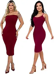 Vestidos midi femininos Verde Tamanho P Kit 2 Vestido Midi Com Alça E Tomara Que Caia Tecido Grosso Confortável