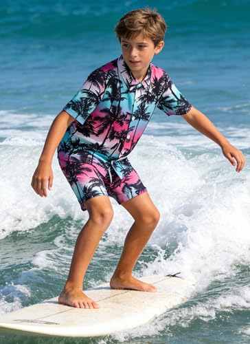 Image of UNICOMIDEA Boys Hawaiian Outfits Tropical Print Button Down Shirt + Swim Trunks 2 Piece Sets for 5-12T Kids