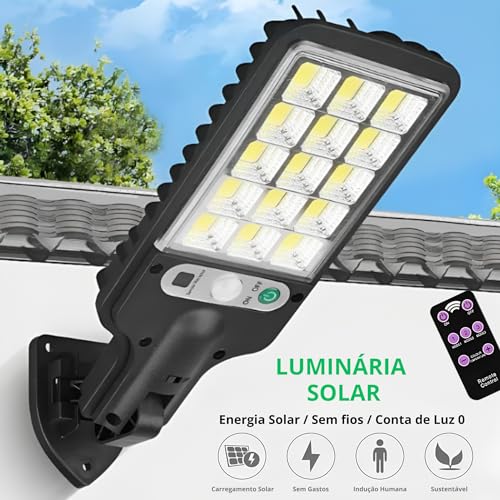 Luminária Solar Led Refletor 180 144 Smd Sensor presença fotocélula com Controle área externa Parede