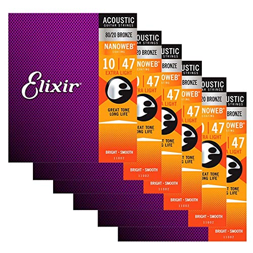 Elixir 80/20 ブロンズ ナノウェブ エクストラライト 11002 10-47 アコースティックギター弦 6本パック ボーナスエリクサーポリッシュクロス付き
