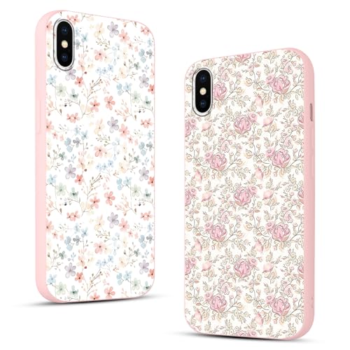 Phoona 2 Piezas Funda para iPhone X/XS 5,8'', Aesthetic Flor Rosa Dibujos Diseño Suave TPU Ultrafina Silicone Cover Antigolpes Anti-Arañazos Bumper Protección de Cámara Case para Mujer