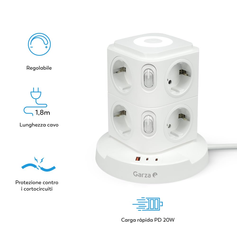 Ciabatta Elettrica 11 in 1 con 8 Prese Schuko, 2 USB-C PD20W e 1 USB-A, Bianco