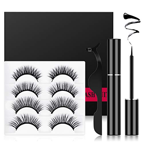 MOAOO Magnetic Eyelashes With Eyeliner Kit, Reusable Magnetic Eyelashes, Magnetic Eyeliner And Lashes, 4 Pairs of False Lashes with Tweezers No Glue Needed