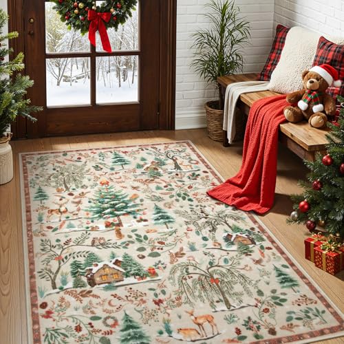 Lahome Christmas Washable Rug 3x5, Non Slip Christmas Entryway Area Rug, Soft Xmas Living Room Throw Rug, Ultra Thin Indoor Floor Carpet for Kitchen Bedroom Holiday Decor, Beige