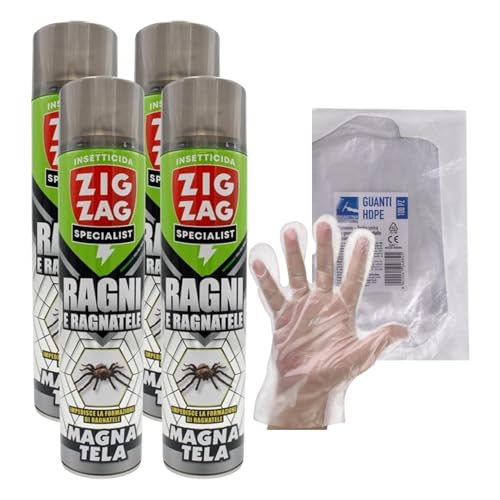 ZigZag Magnatela Insetticida Ragni, Azione Residuale, Efficacia Immediata, Protezione Elevata, Facile Utilizzo, Evita Formazione Ragnatele, 600ml+OMAGGIO 100pz Guanti HDPE Monouso (4 Spray+1CF Guanti)