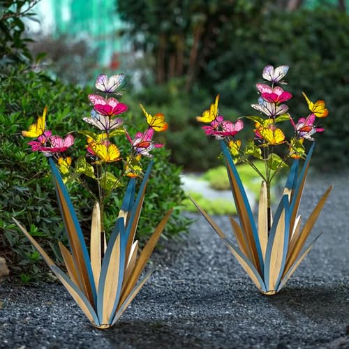 Image of TOMBABY Garden Outdoor Butterfly Enlarge Thickened Wind Resistant Metal Agave Garden Art Metal Plant Country Sculpture Statue Decorations Ornaments Artificial Waterproof Butterflies(Blue 2pcs)