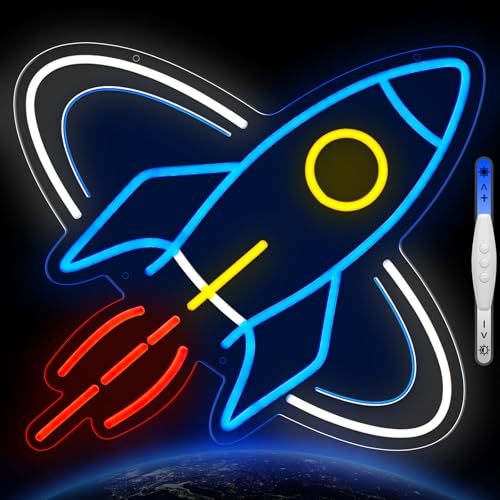 Image of Rocket Neon Sign for Wall Decor, Space Universe Decor Neon Sign Light for Boy's Bedroom, Gifts for Teen Kids, Dimmable USB Powered LED Light (Z001)