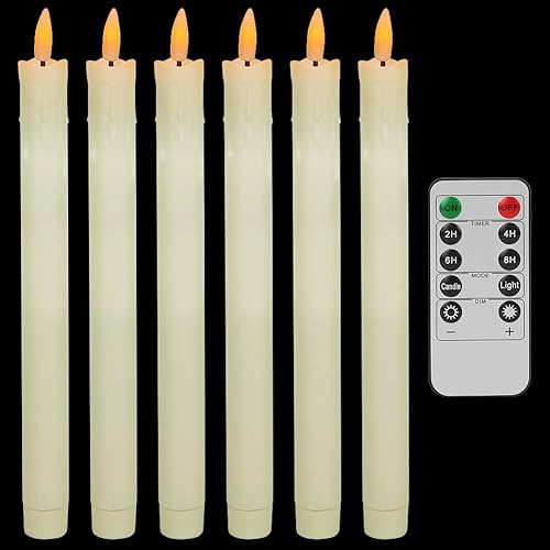 MI CASA Drip Wax Flameless Flickering Taper Candles with Remote Control, Timer, Dimmer, 3D Wick Light Ivory Window Candles Battery Operated Pack of 6, Christmas Home Wedding Decor (0.78 X 9.8 Inch) - A-ivory Drip - 6 Pack
