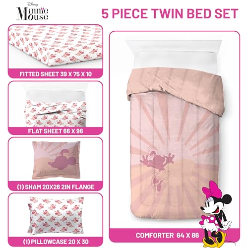 Image of Disney Minnie Mouse Twin Comforter Set 5 Piece Bedding for Girls, Pink | Bed in a Bag, Comforter Sheets Sham Pillowcase, Official Product, Soft Microfiber, Machine Washable, Easy Care, Girls Gift