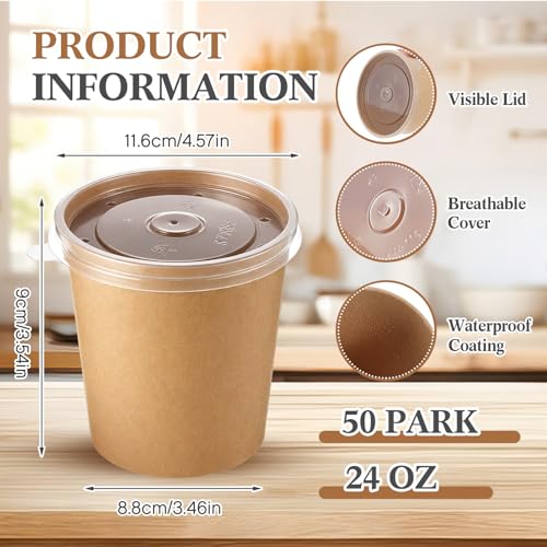 Image of Sabary 50 Pack 24 oz Paper Soup Containers with Lids, Disposable Brown