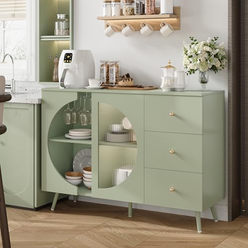 FACBOTALL Coffee Bar Cabinet with Fluted Glass Door, Modern Cream Style Buffet Sideboard with Wine Glass Rack, Chest of Drawer Buffet Cabinet with Storage for Living Room, Green