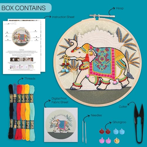 Image of picknMAKE Colorful Royal Elephant Hand Embroidery Kit for Beginners, Adults & Kids - Digital Printed Fabric, Threads, Needles, Ghoongru & Instructions - DIY Embroidery Set
