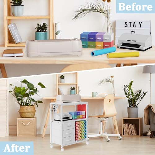 Image of 30 Vinyl Roll Holders for Cricut Cart, Rolling Craft Cart with 3 Fabric Drawer, Craft Organization and Storage Compatible with Cricut Maker Machine, Crafting Table Workstation, White, Patent Pending