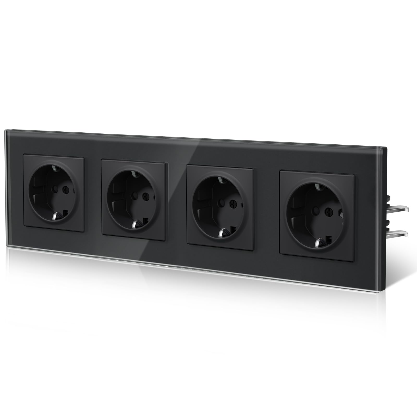BSEED Steckdose aus Glas, EU-Standard Wandsteckdose mit Krallen, Einbausteckdose mit Kindersicherung, Einfach Montage, Neu E-Serie, 16A 250V,4 Fach,299mm Schwarz