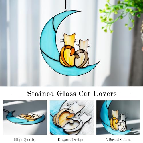 HDCRYSTALGIFTS Casal gato sentado na lua, vitral pendurado, arte moderna para janela, decoração de p