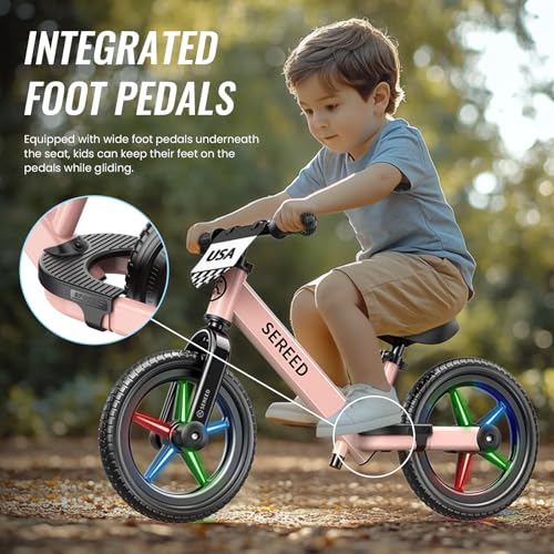 Image of SEREED Toddler Balance Bike 2 Year Old, No Pedal Kids Bicycle Toys for 2-5 Years Old, Tool-Free Adjustment, Customize Plate with Stickers, Gift for 2-3 Boys Girls (Pink Lighting)