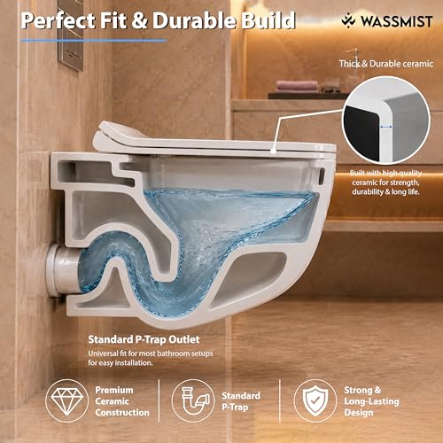 Image of WASSMIST Wall Hung Western Toilet | Rimless Wash Down Ceramic Commode | Modern Space Saving Bathroom WC | Premium Sanitary Ware (White)